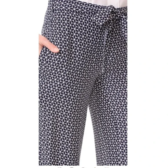 Theory Brilda Geo Print 100% Silk Pants Size 4 Navy White Zipper Closure - Picture 4 of 13